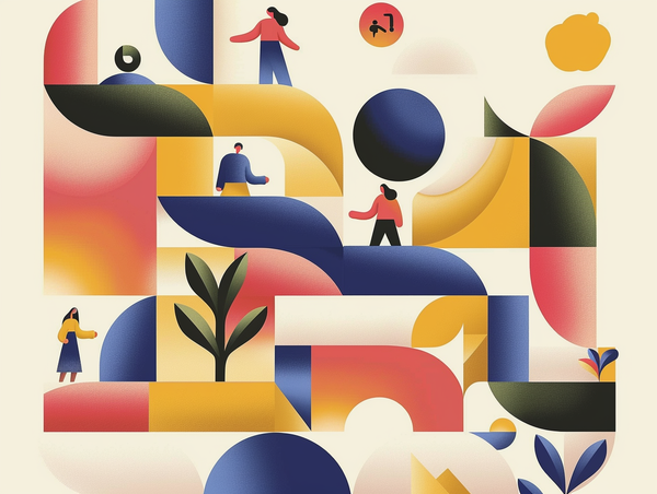 An abstract geometric-based image of youth frolicking. 