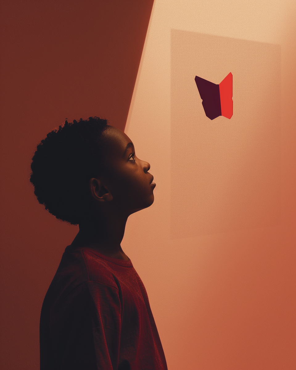 Child gazing at digital butterfly representing future possibilities